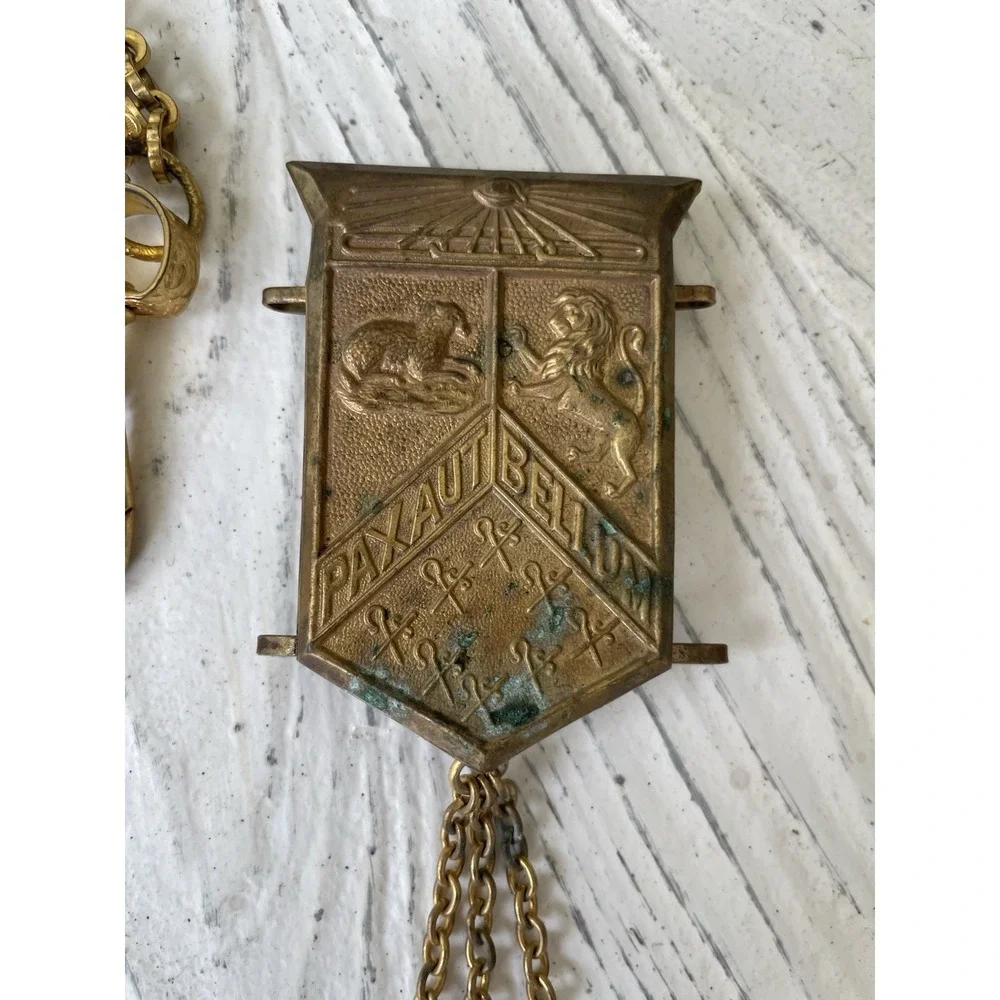Vtg Fraternal Society  Sword Belt Hanger Gold Tone Chain & Medals Regalia Lot